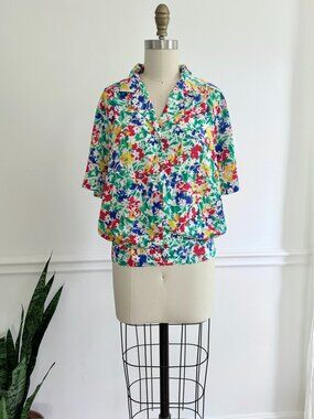 Vintage Floral Blouse | Bright Multicolor Short Sleeve Top